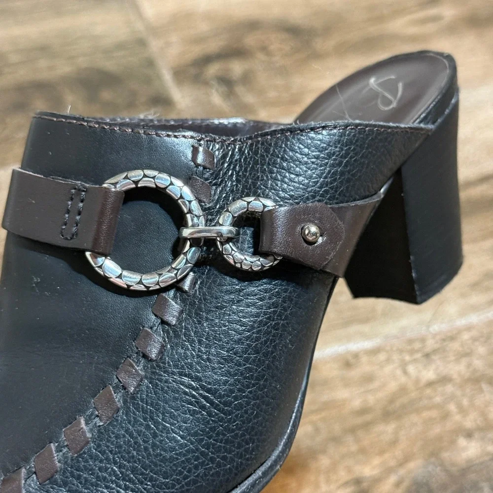 Brighton Vintage Gemini Pebbled Leather Horsebit Block Heel Mules, Black Brown,8 - Picture 4 of 10